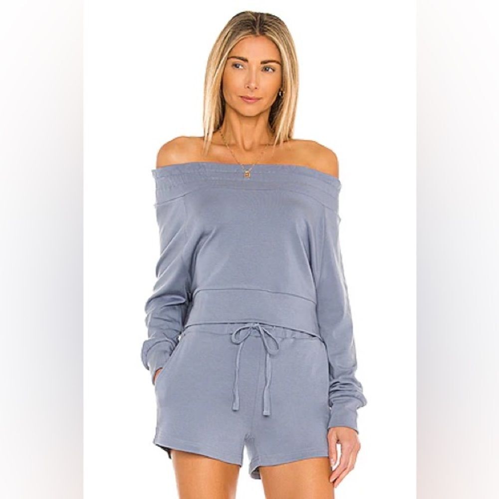 Revolve Mina Lisa Branded Brushed Knit Pullover in Dusty Blue L EUC comfy casual
